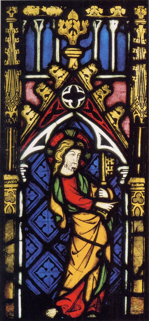 A medieval relief shows Christ handing large keys to Saint Peter.