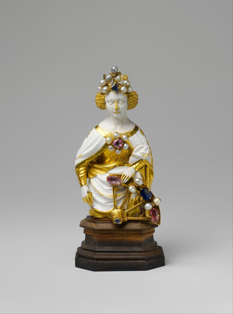 An early-fifteenth-century sculpture presents Saint Catherine with the wheel that identifies her story.