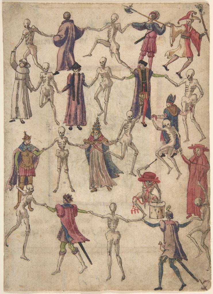 A sixteenth-century German drawing shows skeletal Death moving among richly dressed figures.