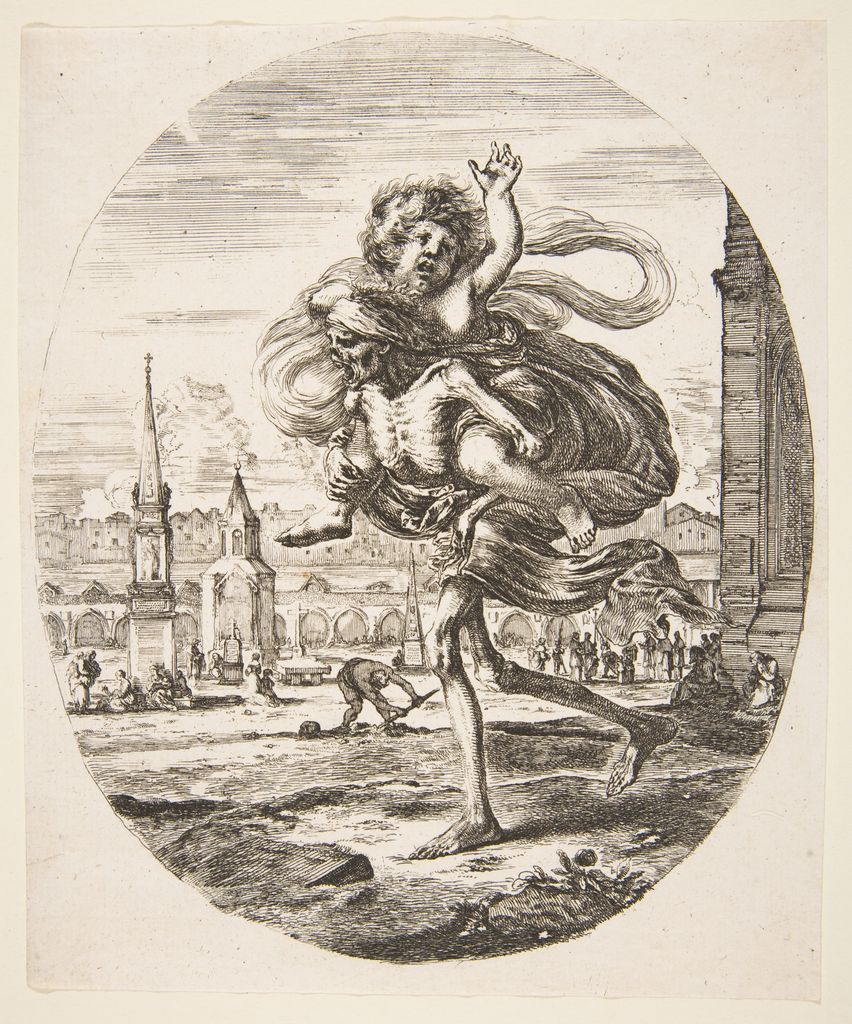 A rushing skeleton carries a struggling child through a cemetery in Stefano della Bella's etching.