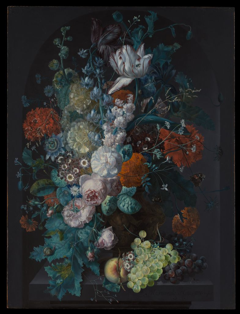 Margareta Haverman's flower painting gathers roses, tulips, irises and other blooms into a vase in a dark niche.
