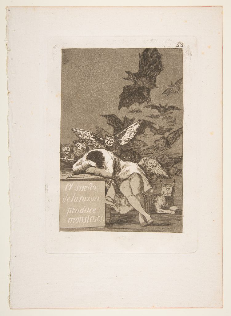 Goya's print shows a sleeping figure at a desk surrounded by owls, bats and other creatures emerging from darkness.