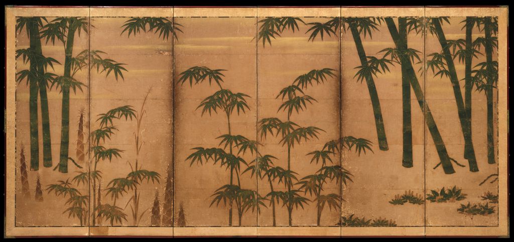 Bamboo at different stages moves through spring, summer, autumn and winter across folding screens.