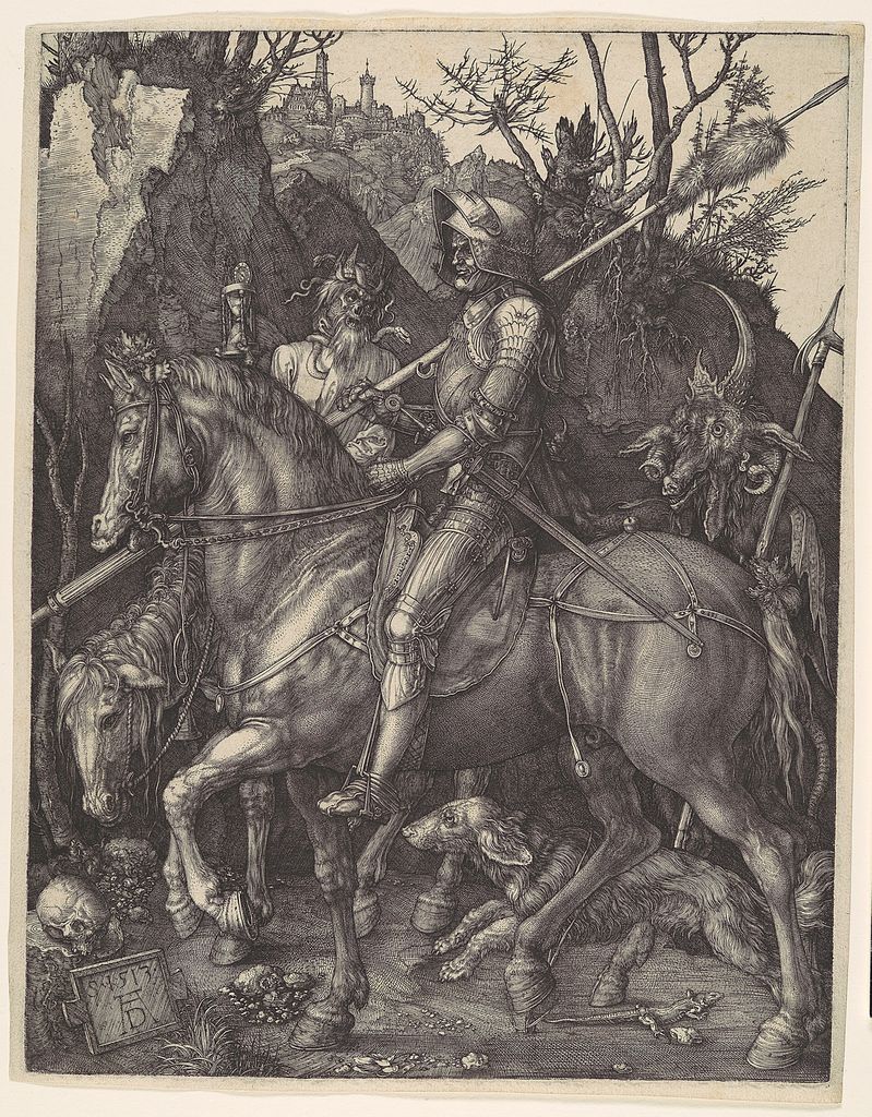 Durer's Knight, Death, and the Devil shows an armed rider passing personified Death holding an hourglass