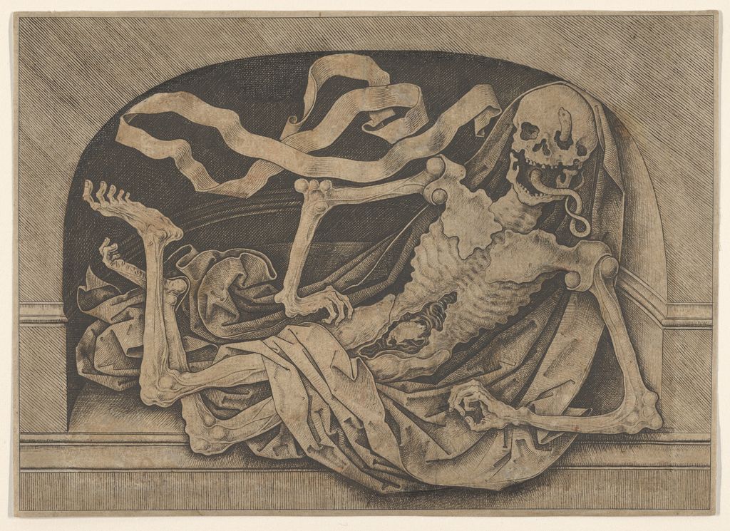 An engraving shows a skeleton standing in a Gothic niche amid bones, inscriptions and emblems of earthly rank.
