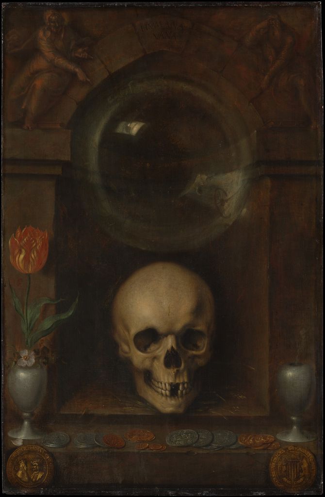 A skull sits beneath a large bubble between flowers and a smoking urn in De Gheyn's vanitas still life.