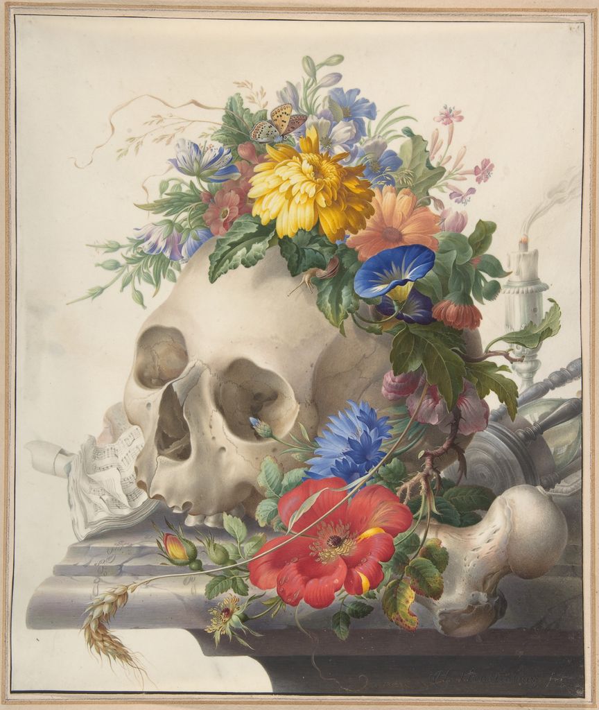 Henstenburgh's detailed watercolor gathers a skull, flowers, books and precious objects into a dark arrangement.