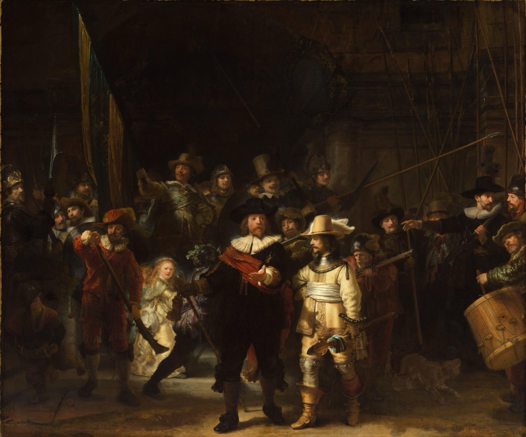 Rembrandt's Night Watch shows a civic guard assembling around two brightly lit central officers.