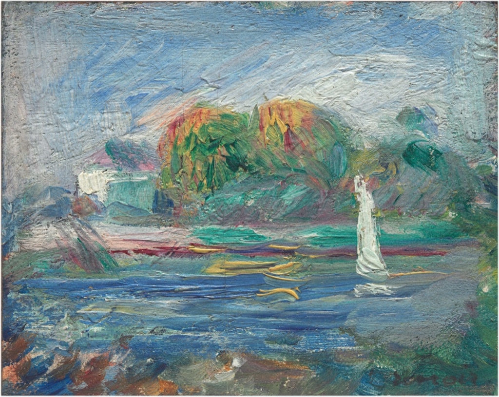 Renoir's Blue River layers blue water, green trees and pale sky in thick, loose brushstrokes.