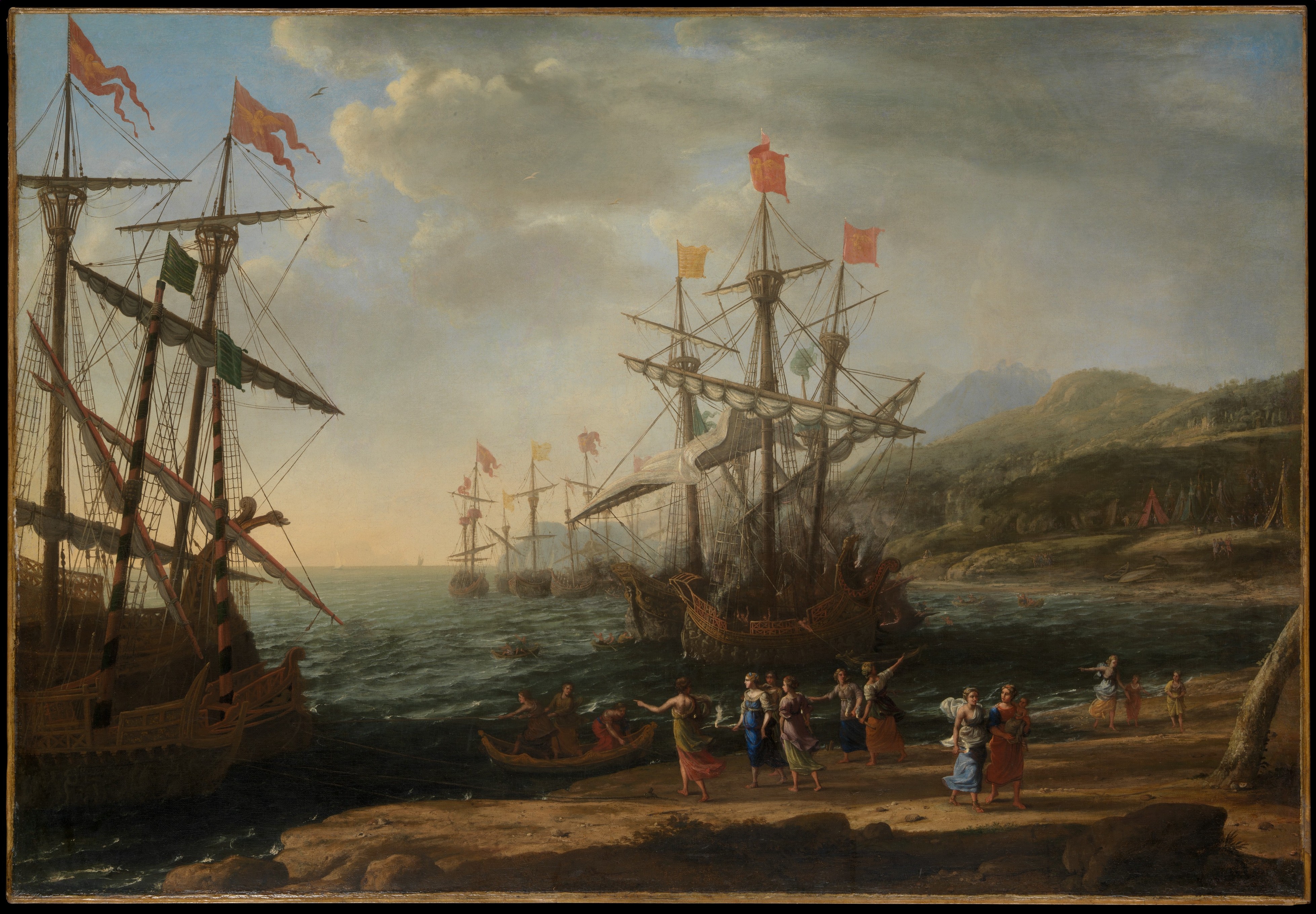 Claude Lorrain's harbour landscape places dark trees and figures before pale water architecture and distant hills.