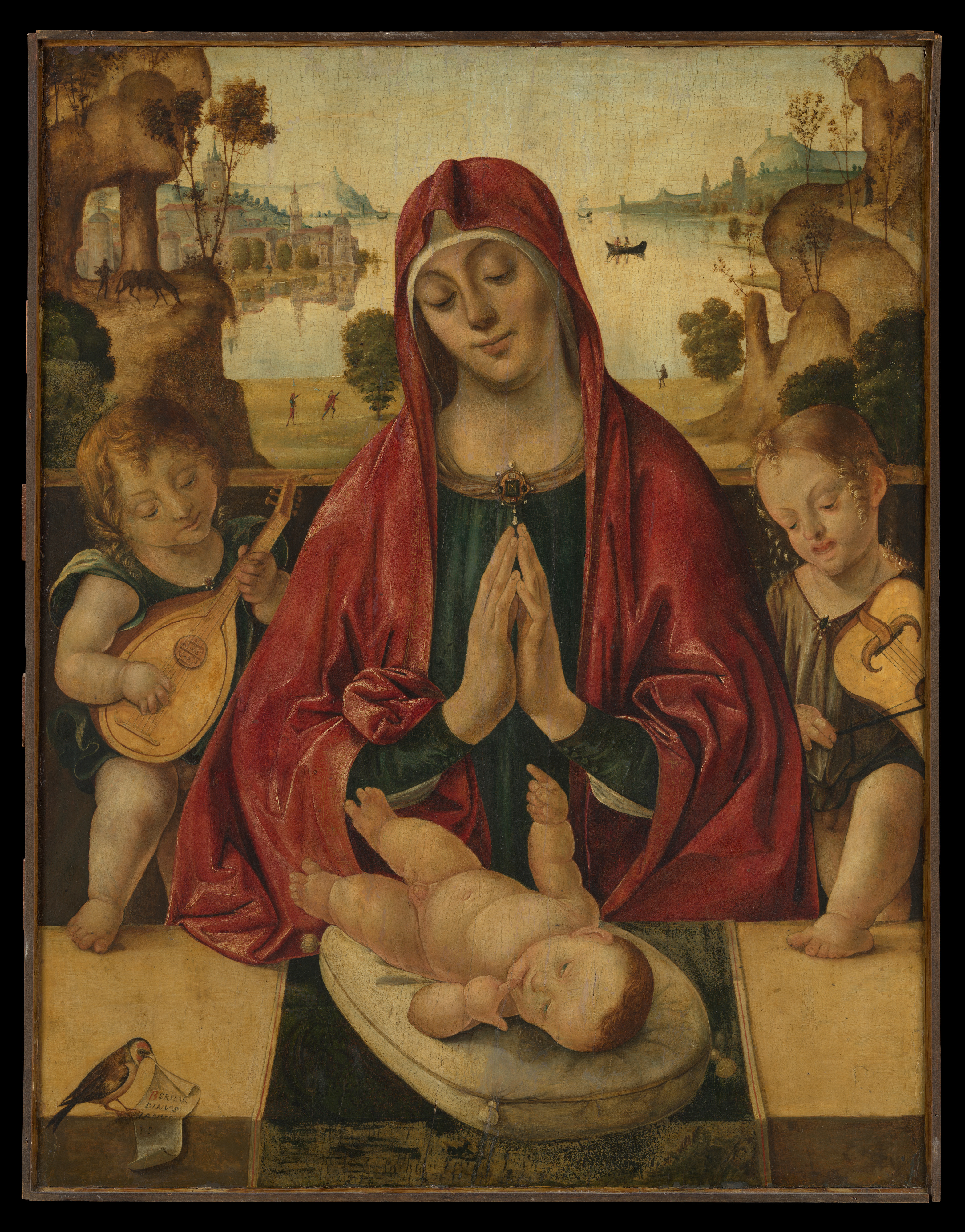 The Virgin and angels surround a Christ Child whose reclining body turns sharply through shallow depth.