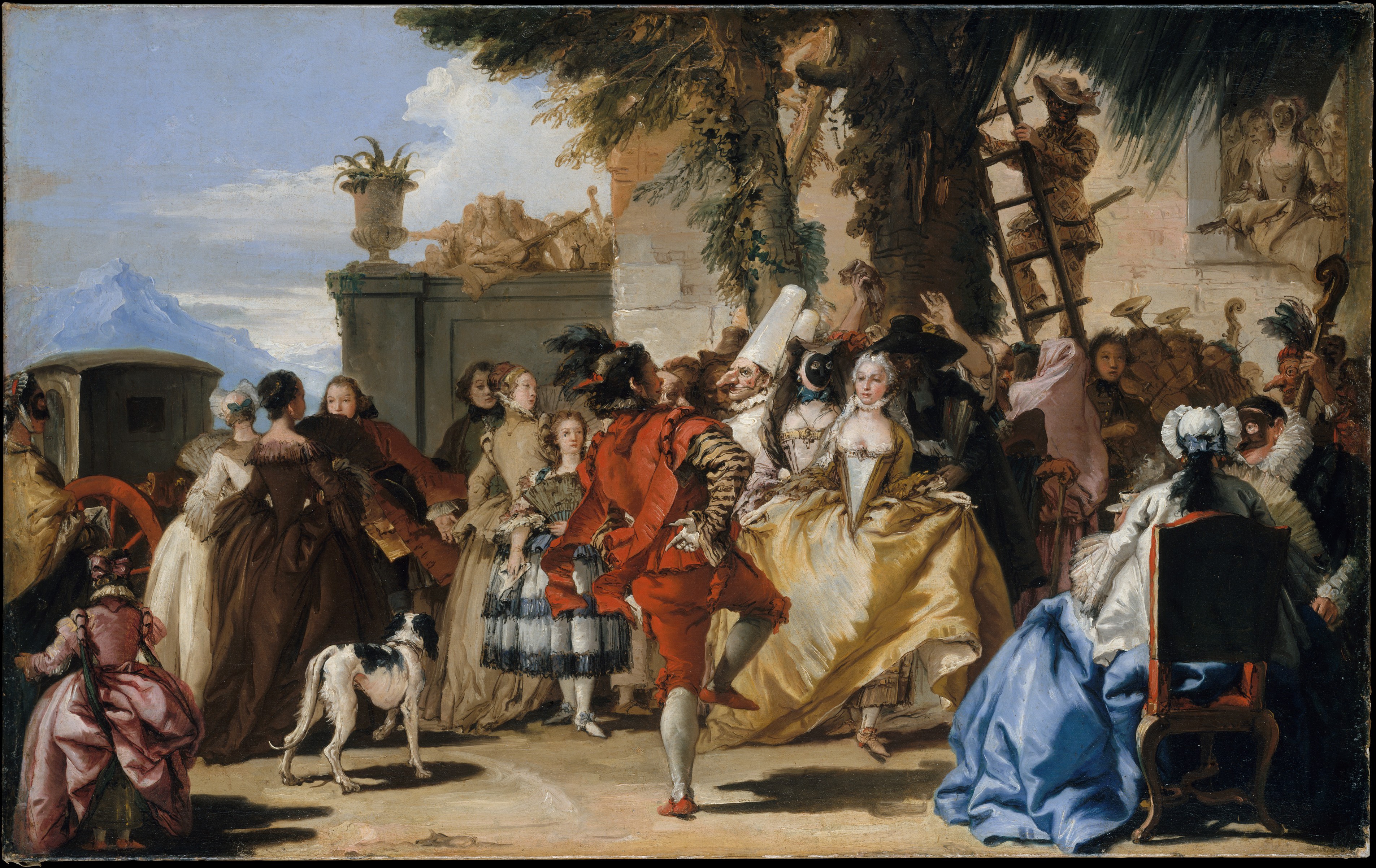 Fashionably dressed figures dance as a central performer's bent elbow points towards the viewer and a chair turns away.
