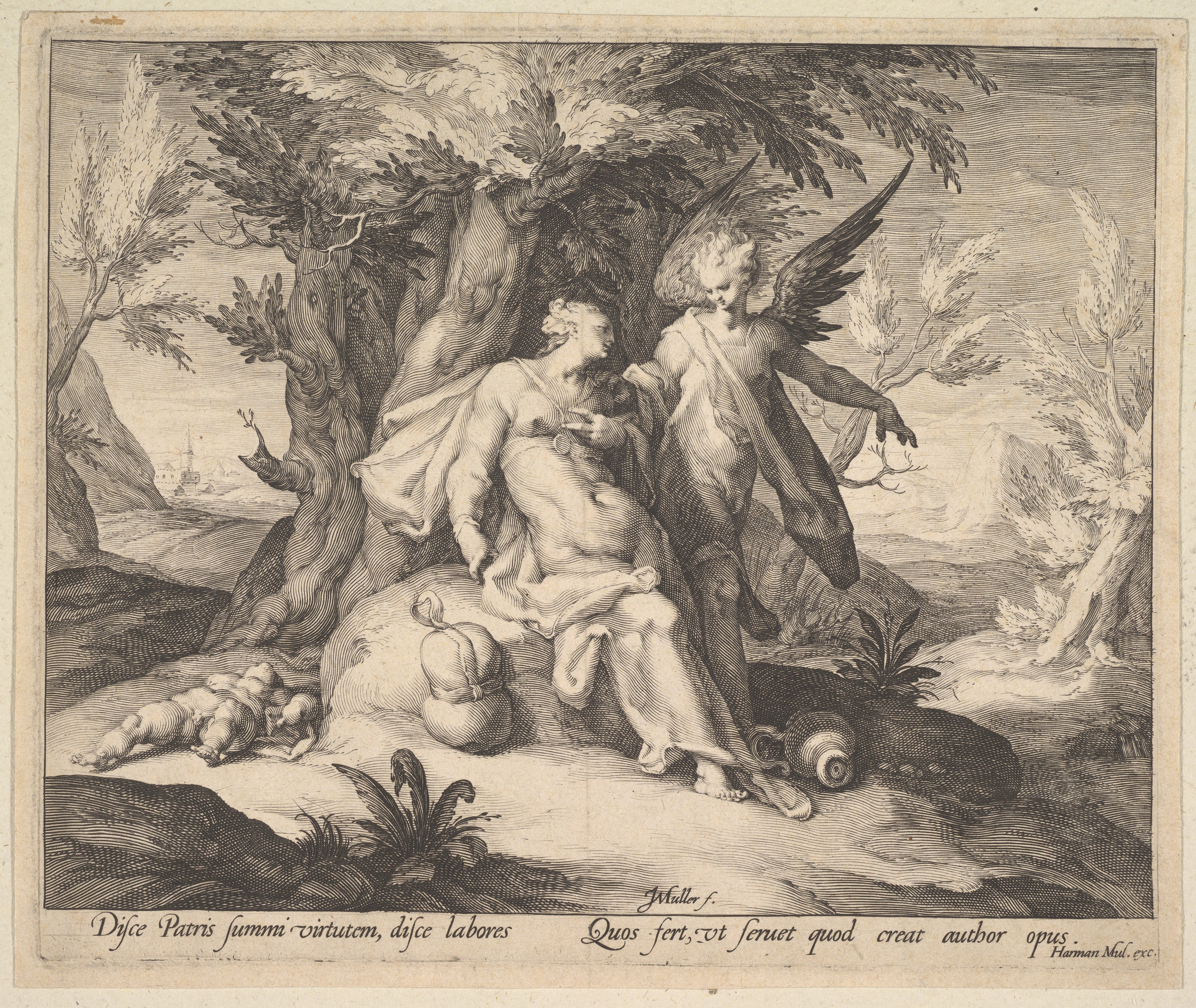 An engraved angel addresses Hagar beside the compressed reclining form of Ishmael under trees.