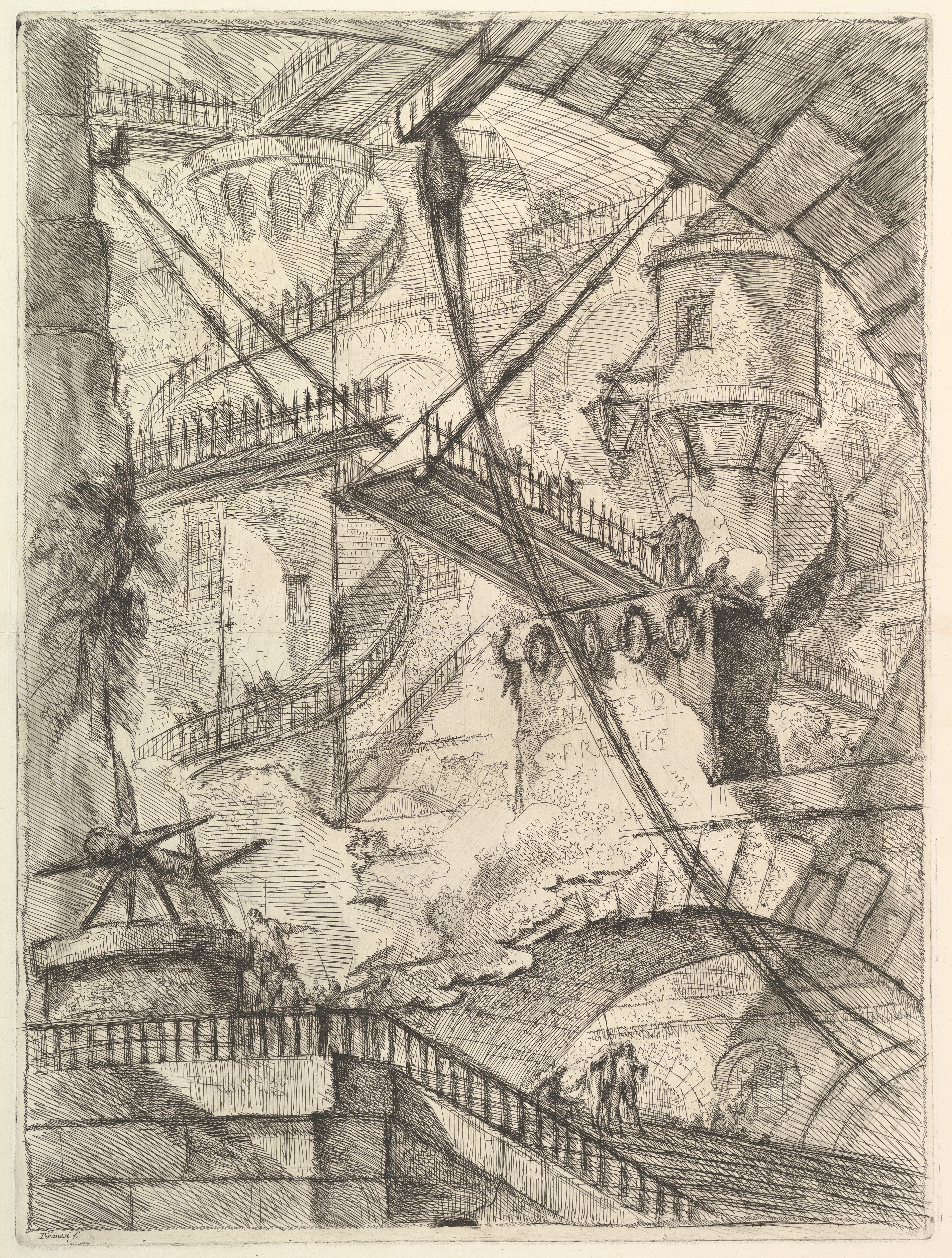 Tiny figures occupy stairs bridges arches and platforms in a vast shadowed prison interior whose connections resist a single reading.