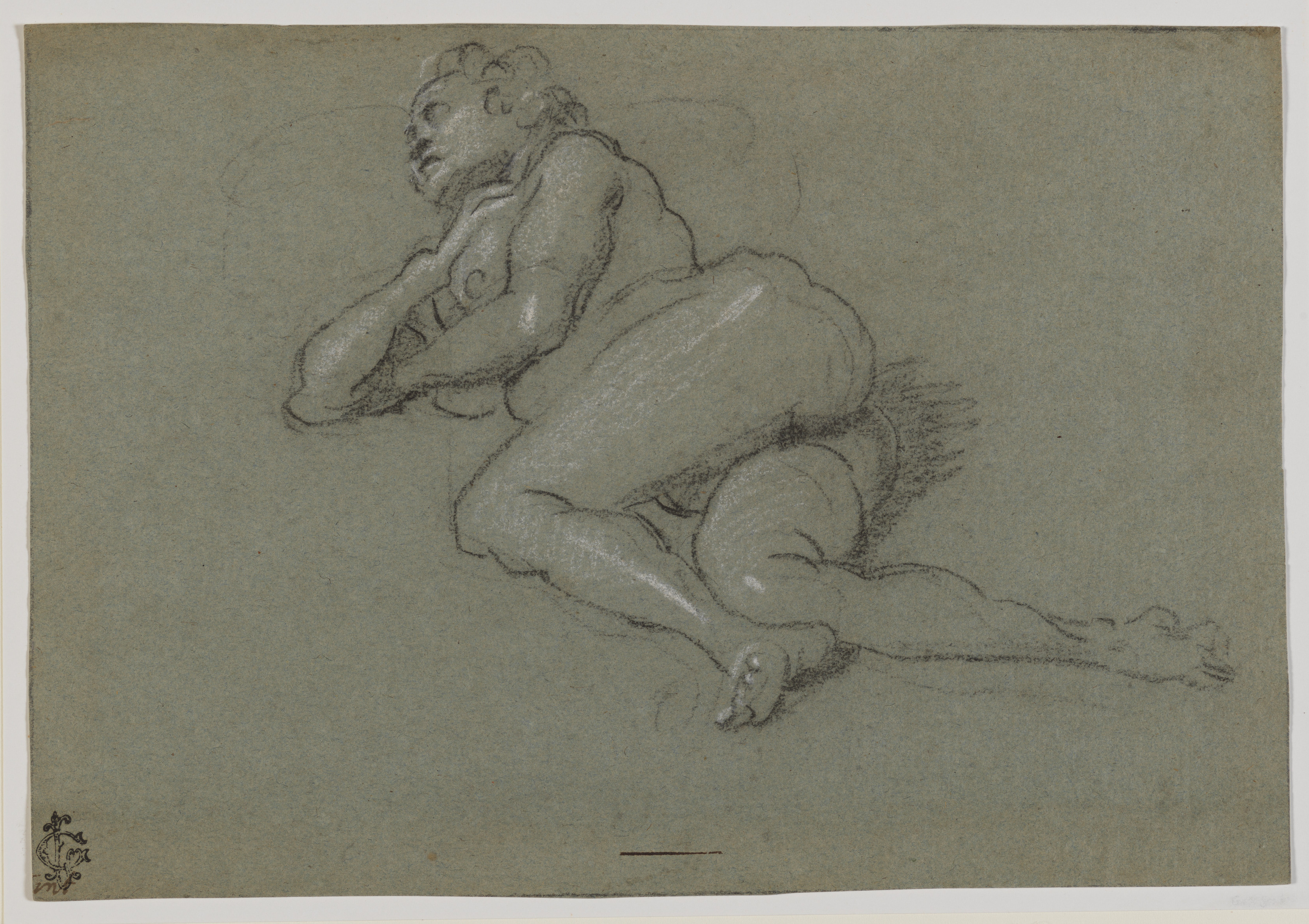 A reclining nude drawn in black and white chalk turns through depth so the limbs and torso overlap and compress.