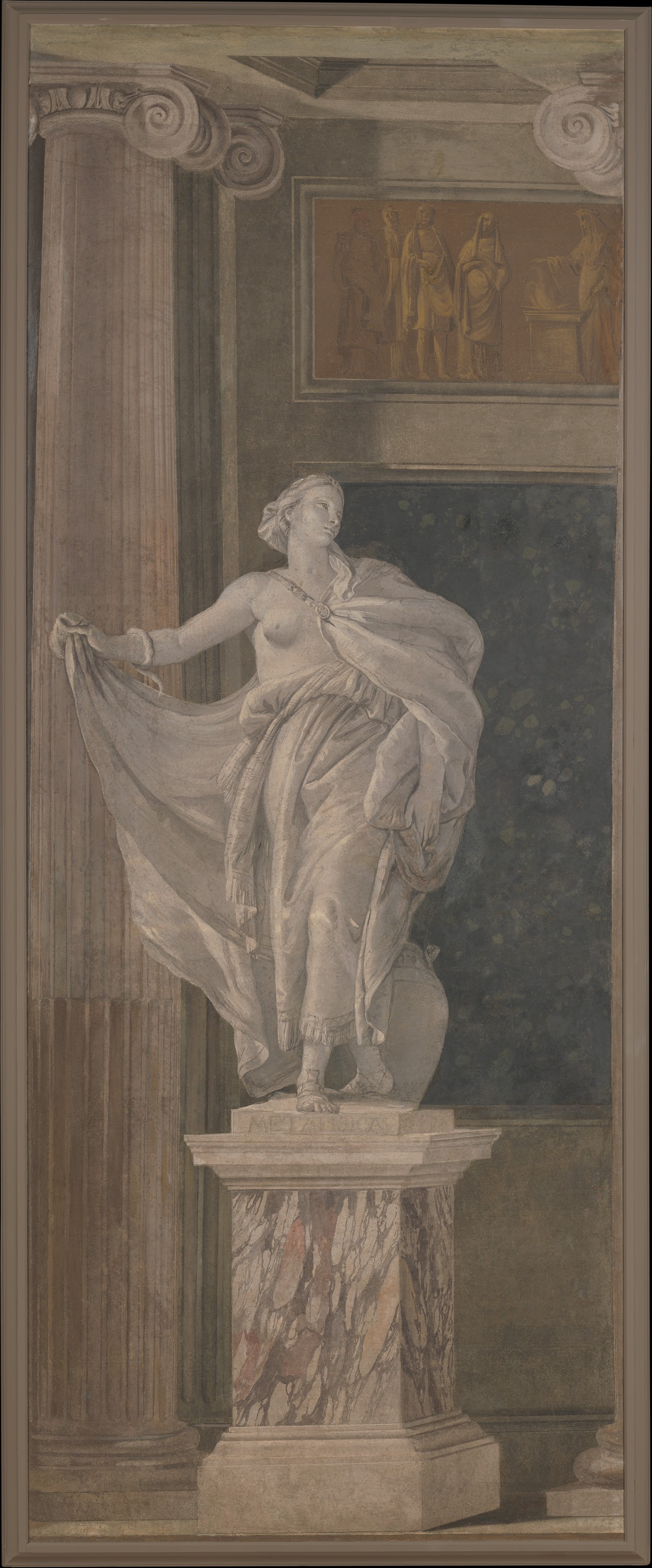 A fresco fragment imitates a sculpted figure and architectural niche designed for a room.