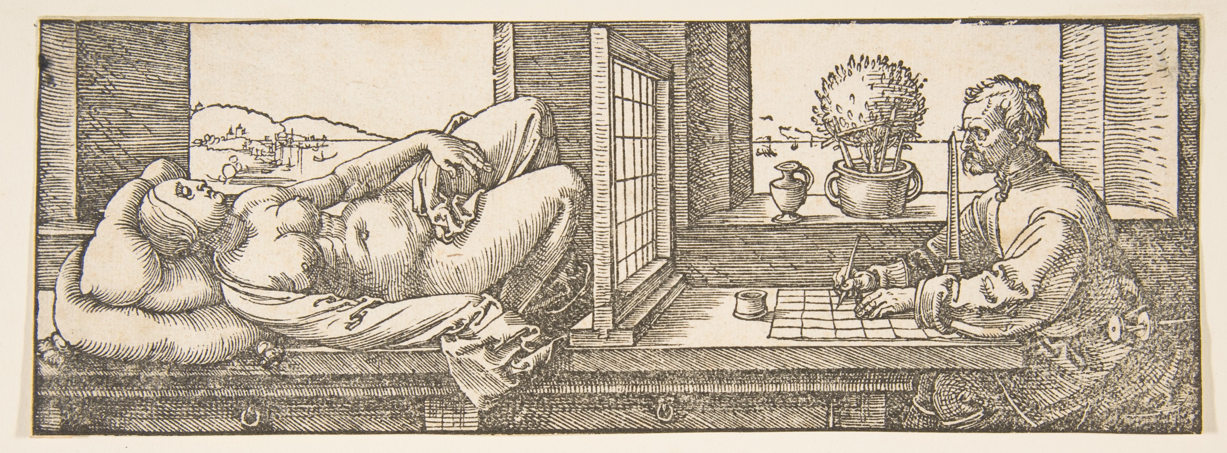 A draughtsman looks through a gridded frame towards a reclining model while transferring the view onto paper.