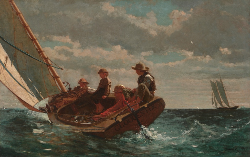 Homer's Breezing Up shows four people in a small sailboat beneath a large cropped sail on open water.