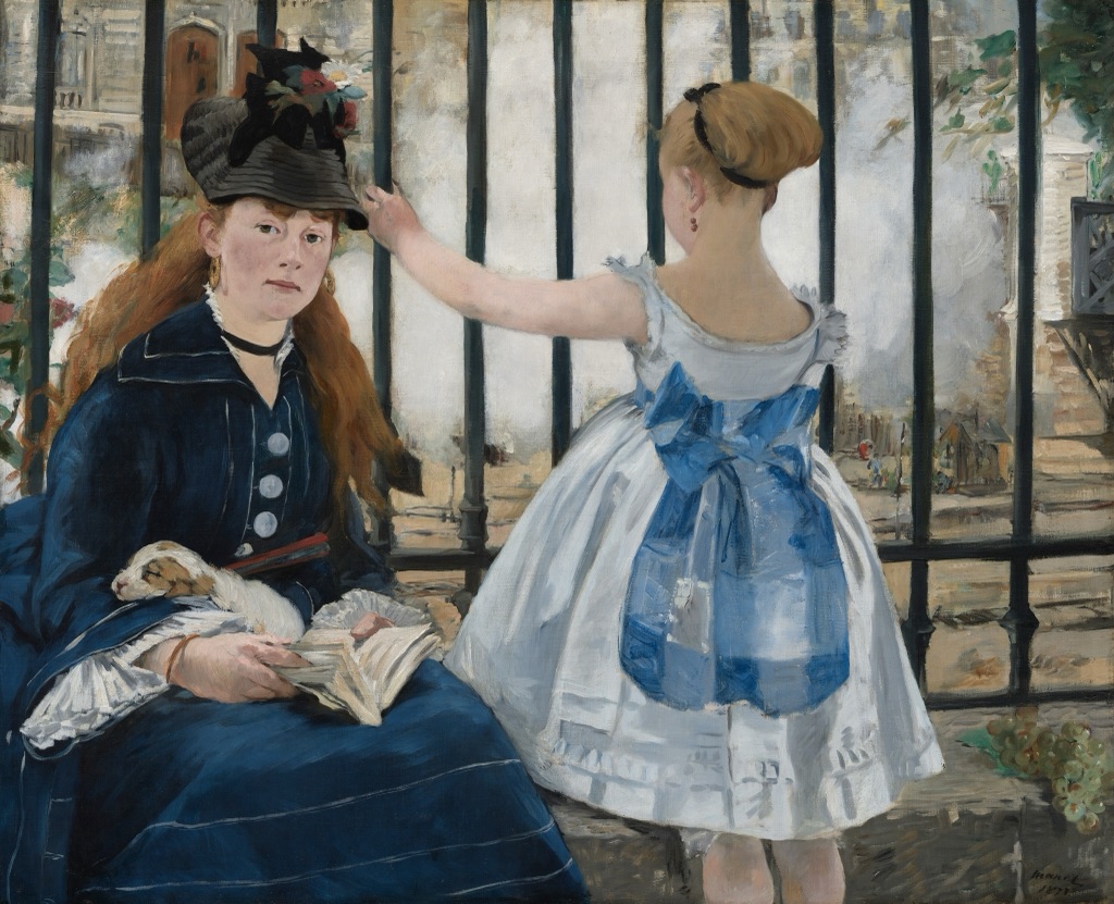 Manet's The Railway places a seated woman and a standing child before a dark iron fence and pale railway steam.