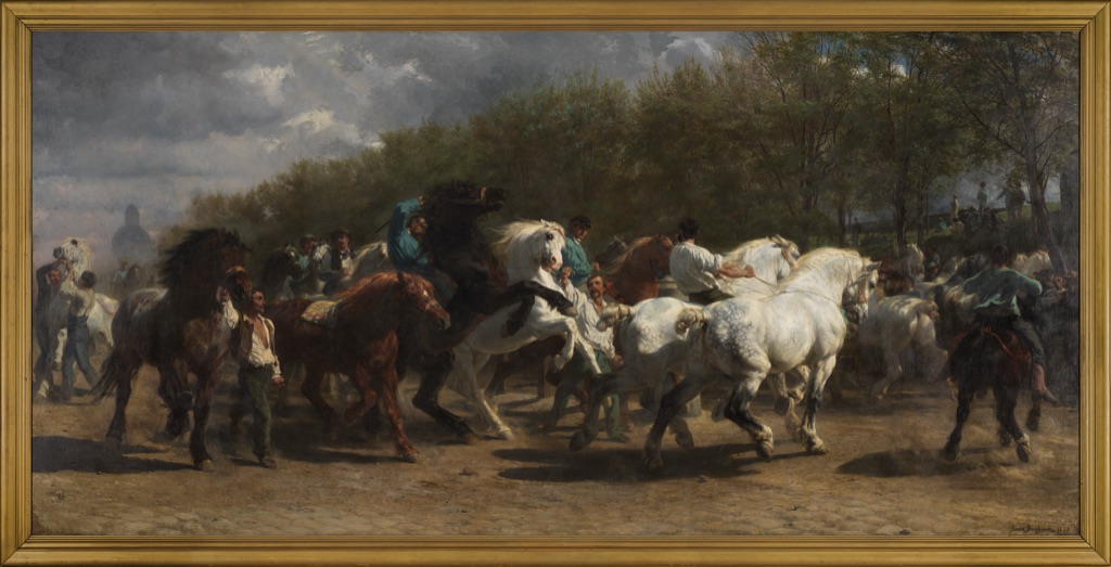 Bonheur's Horse Fair spreads dark brown, black and white horses with handlers across a crowded panoramic market scene.