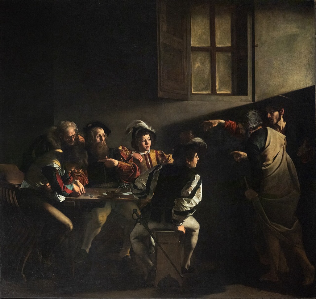 Caravaggio's Calling of Saint Matthew, with a shaft of light crossing a dark room towards a group seated at a table
