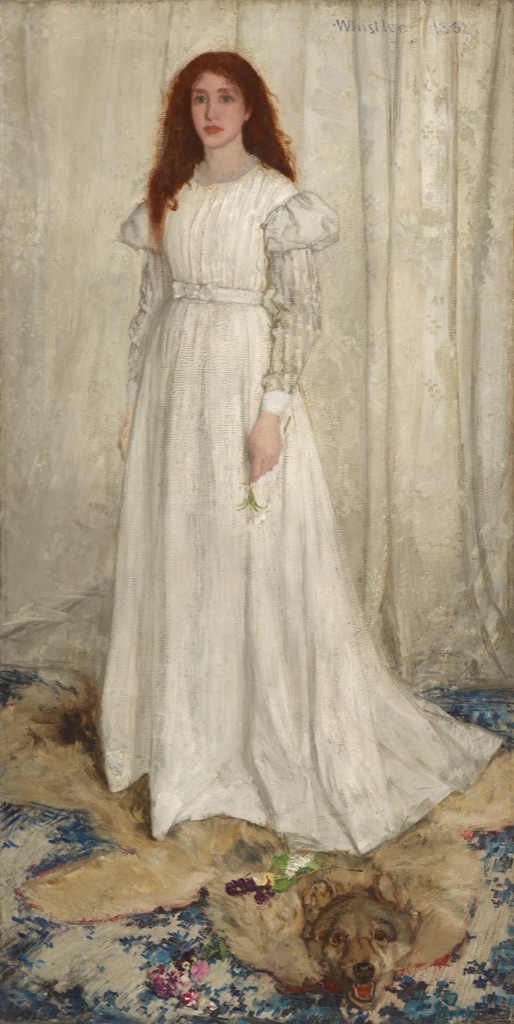 Whistler's White Girl shows a red-haired woman in a white dress before a white curtain above a dark animal pelt and patterned rug.