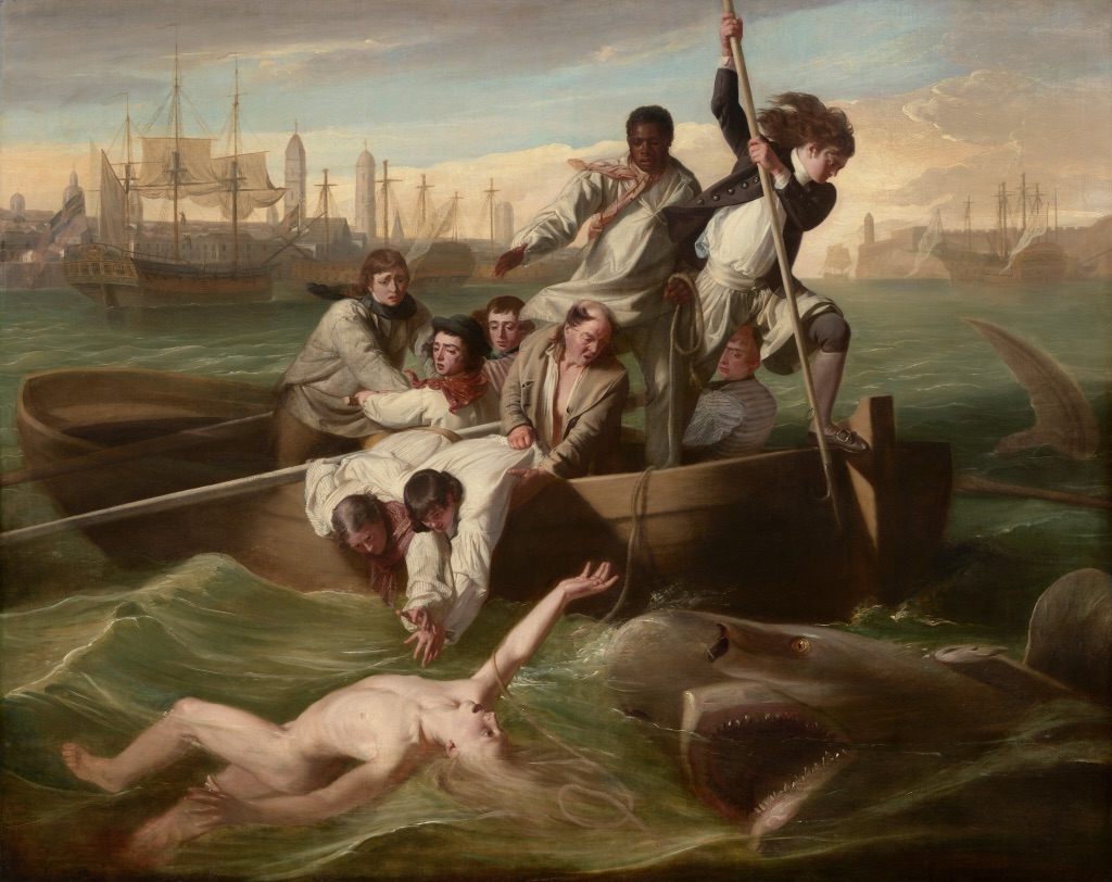 Copley's Watson and the Shark shows sailors reaching from a crowded boat toward a swimmer as a shark approaches from the right.