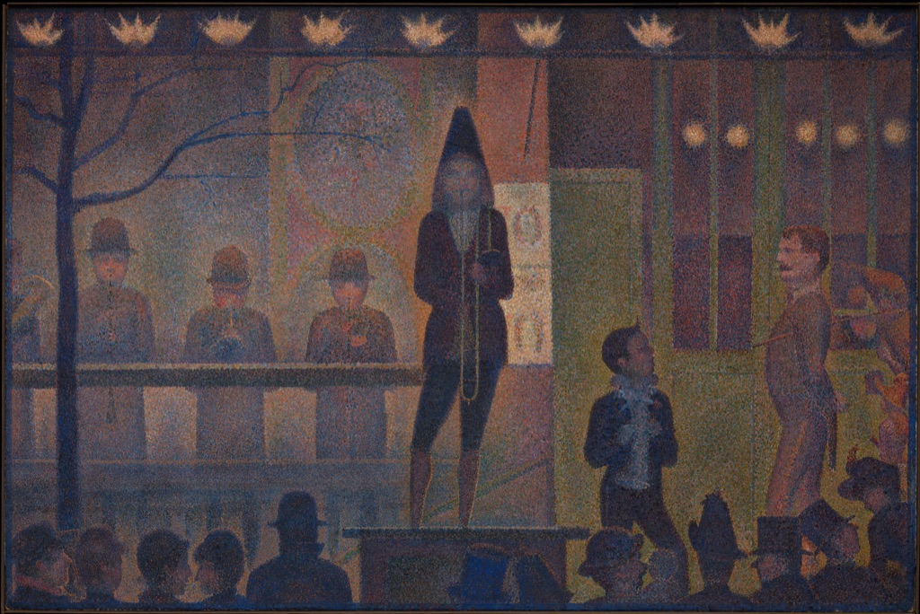 Seurat's night-time circus sideshow arranges musicians, gaslights, railings and dark spectators in measured horizontal bands.