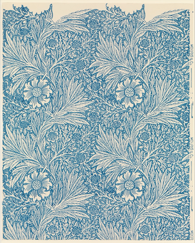 William Morris's Marigold wallpaper repeats blue blossoms and winding leaves across a cream sheet.