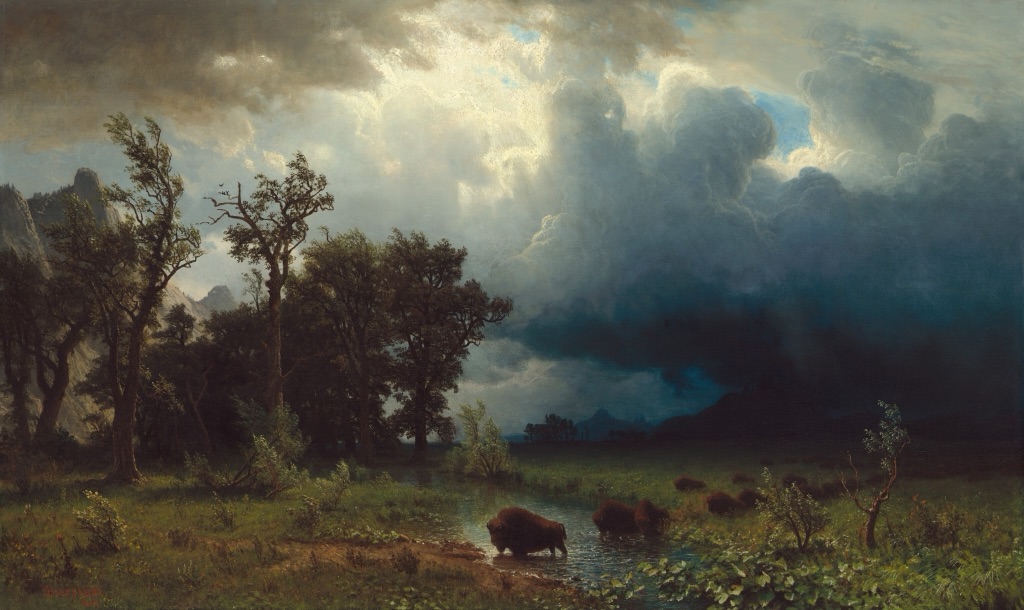 Bierstadt's Buffalo Trail shows a line of buffalo crossing a stream beneath wind-bent trees and a dark advancing storm.