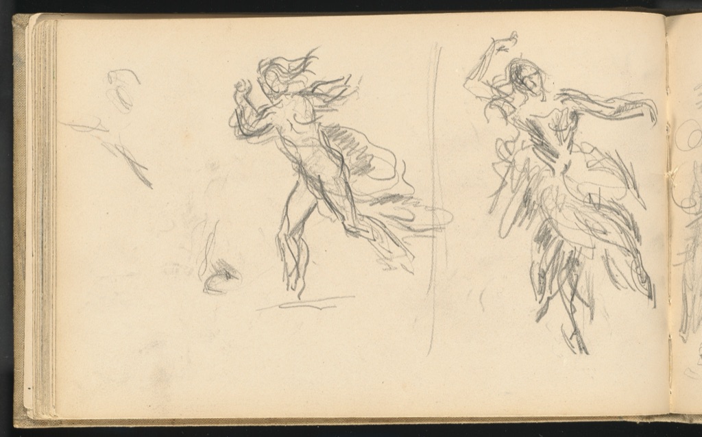 Cezanne's sketchbook opening shows two lightly drawn dancers leaning and extending their arms in different directions.