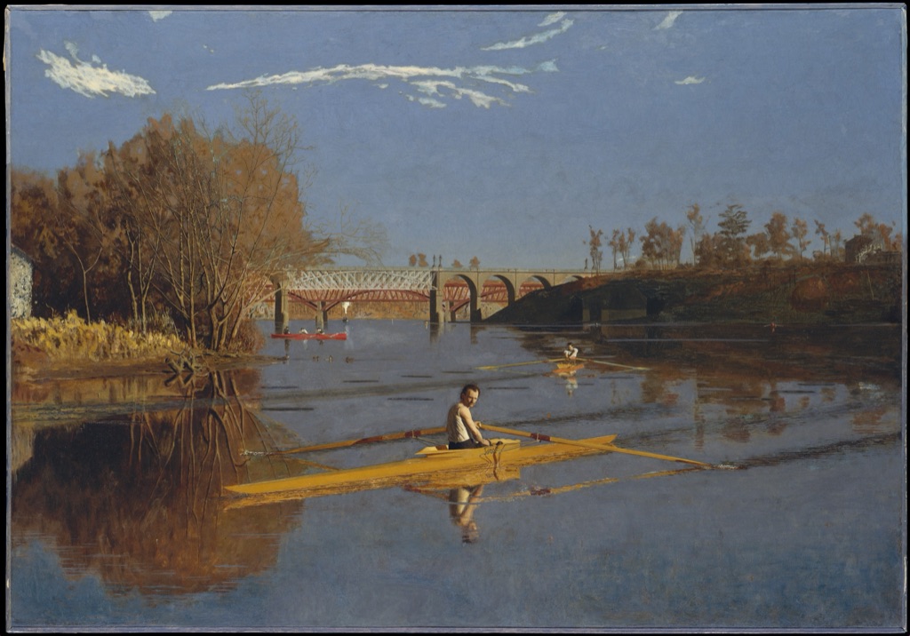 Eakins's Champion Single Sculls shows two rowers on a river with oars, wakes and bridges receding into the distance.
