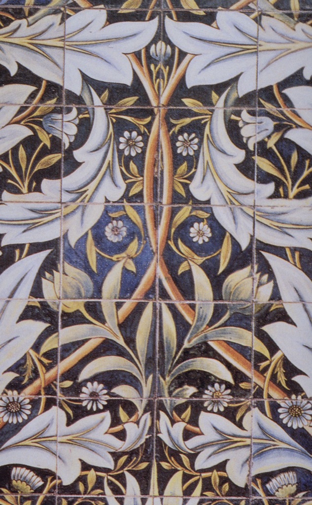 A William Morris and William De Morgan tile panel with flowers and leaves recurring across a vertical grid