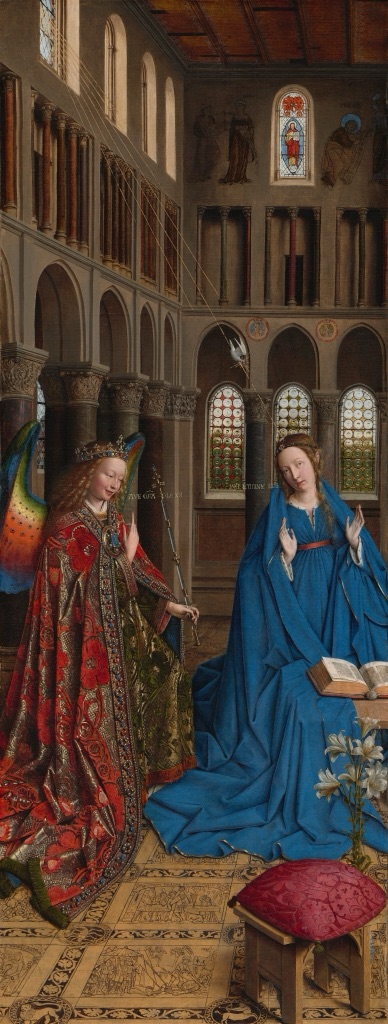 Van Eyck's Annunciation shows Gabriel and Mary in a tall church with patterned brocade, floor tiles, windows and repeating arches.