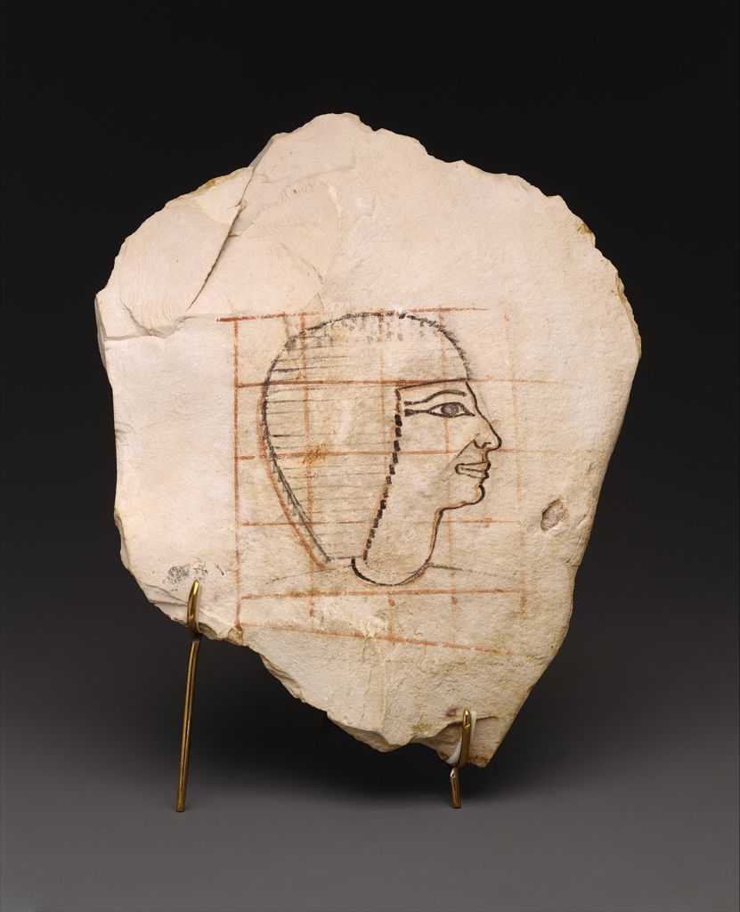 A limestone sketch shows Senenmut's head in profile over a red square grid, with the complete irregular stone visible.