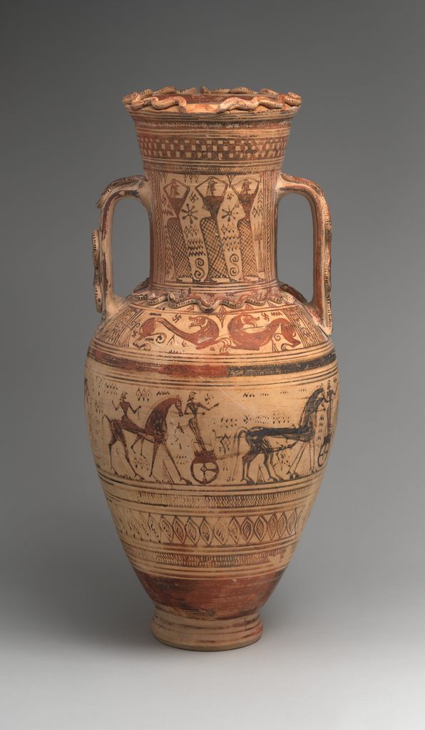 A tall Greek terracotta amphora is covered with stacked geometric bands and a processional band of repeated figures.