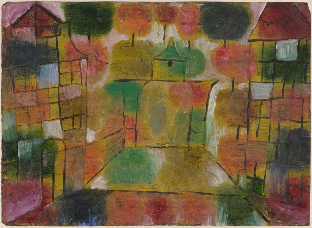 Klee's small abstract painting arranges coloured blocks, verticals and branching lines at changing intervals across the sheet.