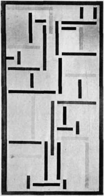 Theo van Doesburg's abstract painting Rhythm of a Russian Dance uses offset vertical and horizontal rectangles