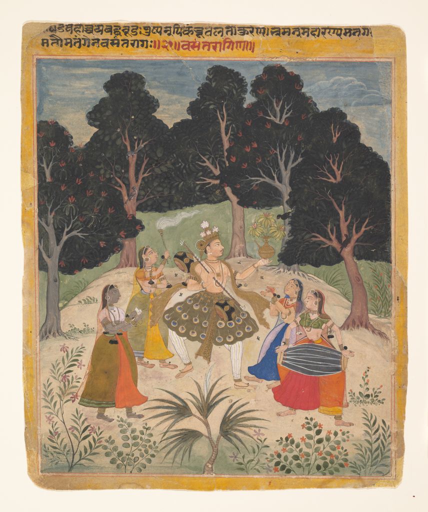 A richly coloured Ragamala page groups musicians and attendants around a central figure within an architectural setting.