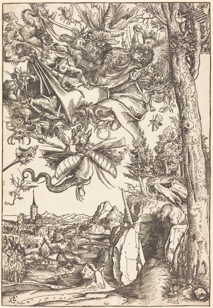 Cranach's monochrome woodcut crowds many differently horned, winged and beaked creatures above Saint Anthony and a detailed landscape.