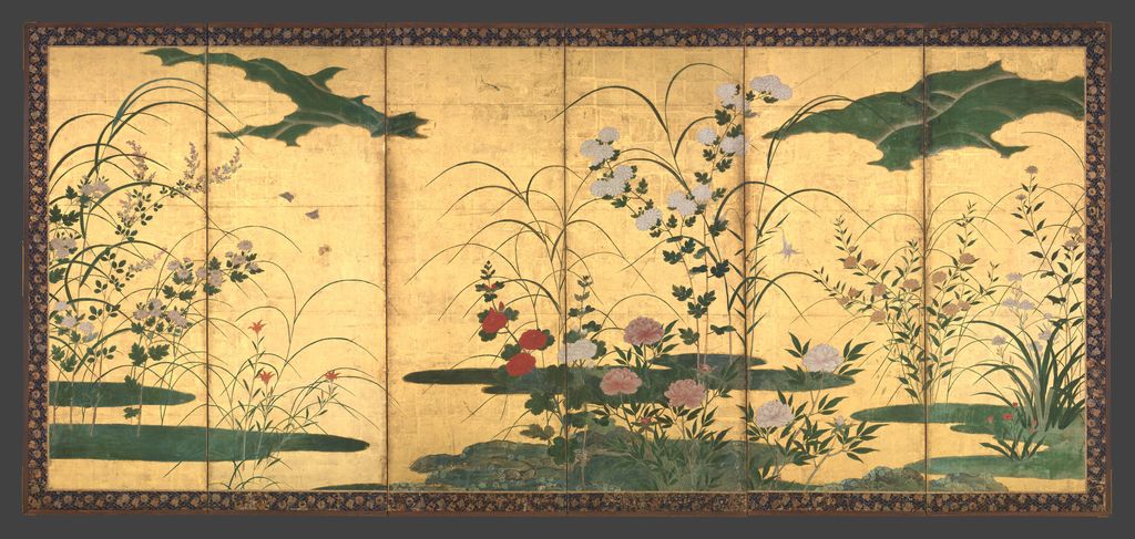 Kanō Mitsunobu's paired gold screens spread different grasses, leaves and blossoms across two complete six-panel surfaces.