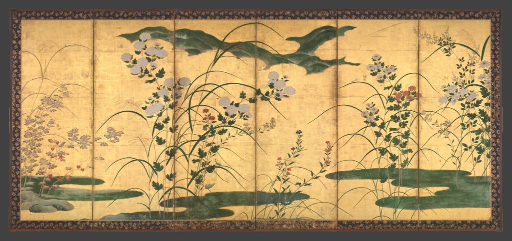 Kanō Mitsunobu's paired gold screens spread different grasses, leaves and blossoms across two complete six-panel surfaces.