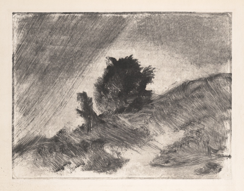 Degas monotype landscape made from streaked and wiped dark ink with a central clump of trees
