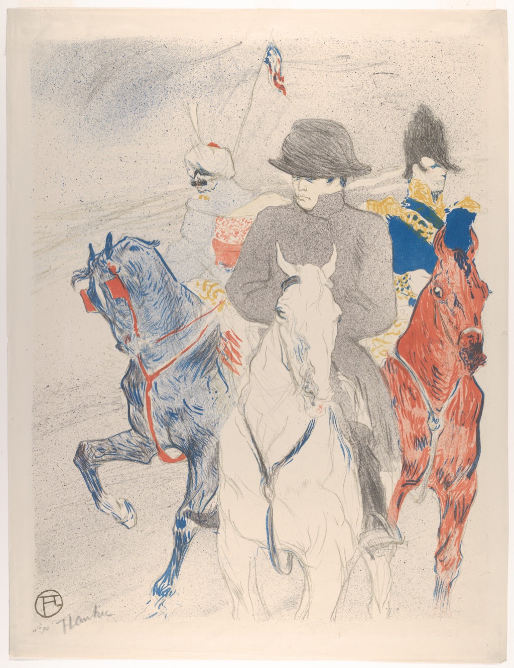 Toulouse-Lautrec colour lithograph showing a central rider surrounded by mounted figures