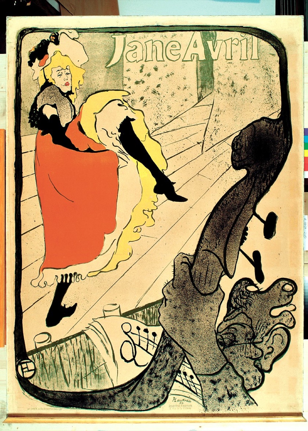 Toulouse-Lautrec five-colour lithographic poster of dancer Jane Avril beside the cropped neck of a double bass