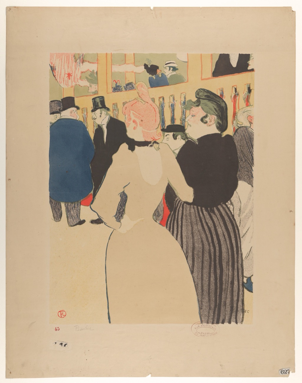 Toulouse-Lautrec six-colour lithograph of cropped figures and spectators in the Moulin Rouge