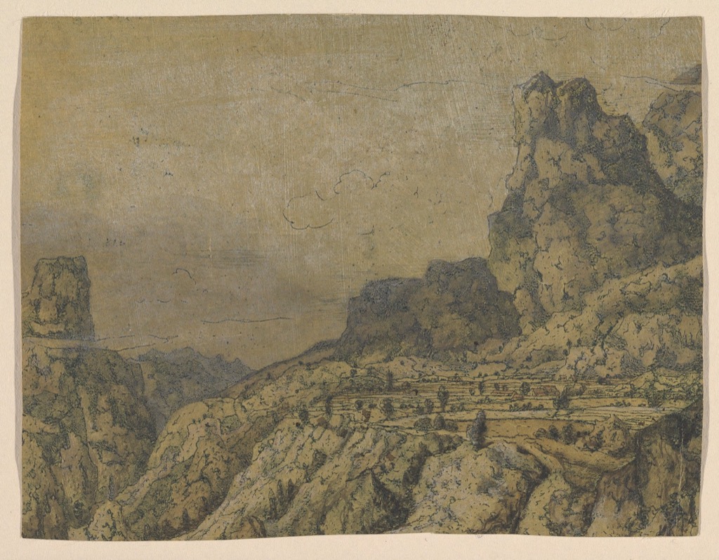 Segers mountain landscape etched in blue-green on a yellow-green ground with individual brush colouring