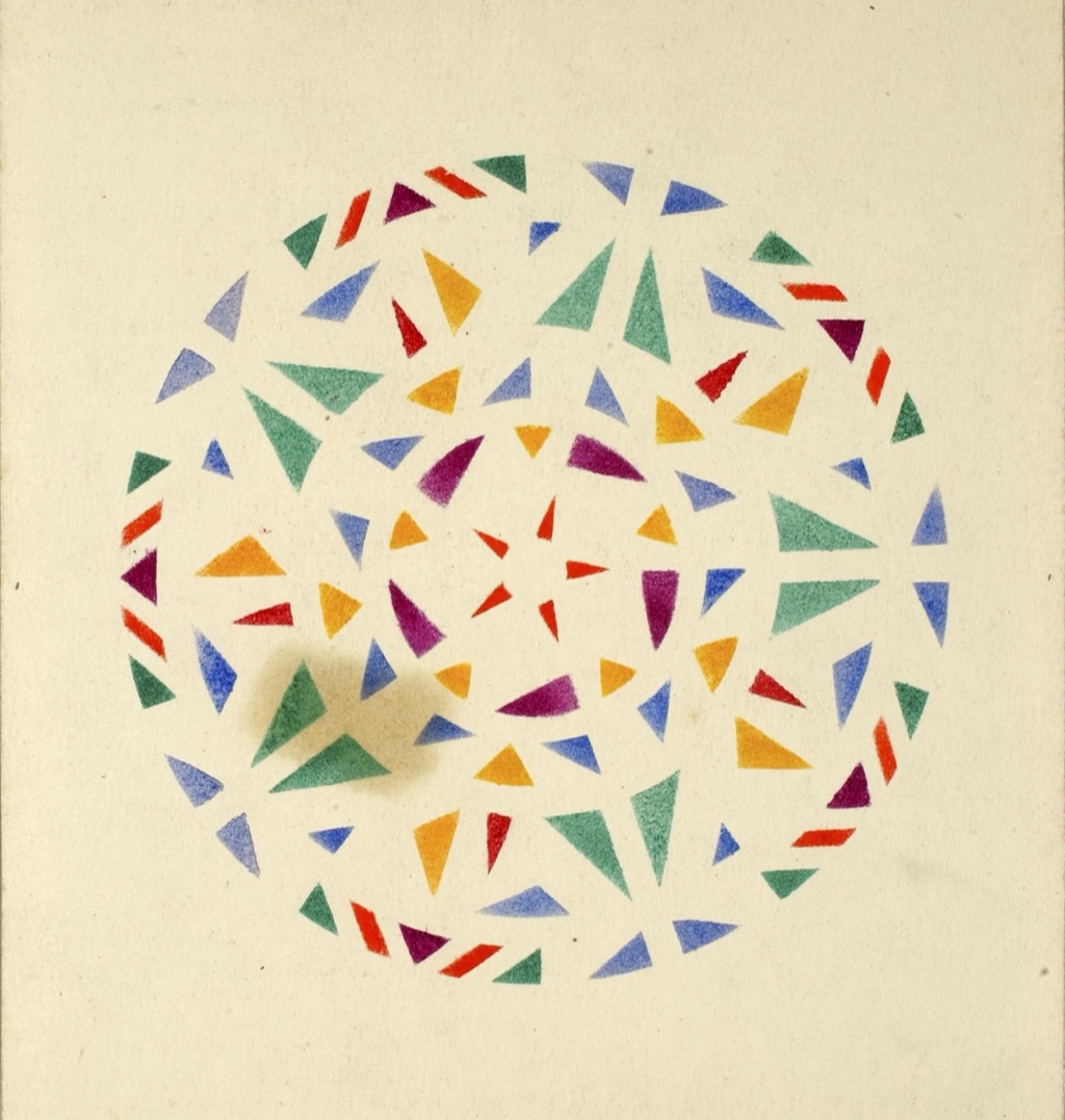 Jay Van Everen stencil monoprint of small red, blue, green, yellow and purple triangles arranged in a circle