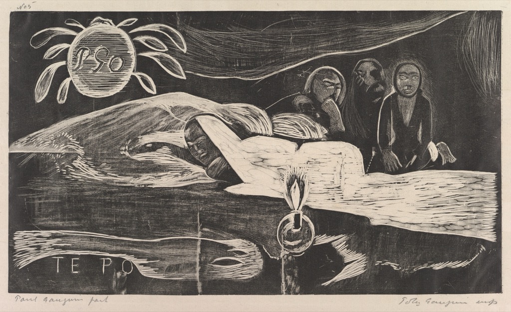 Gauguin black-and-white woodcut with a reclining figure and three watchers beneath a dark sky