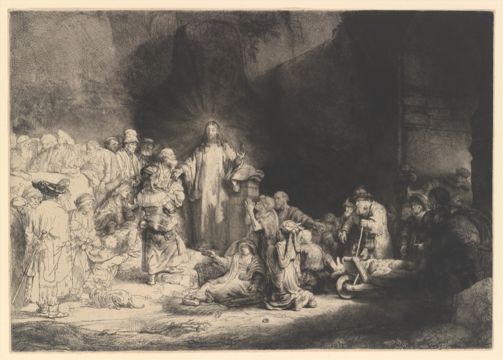 Rembrandt mixed-intaglio print of Christ among crowds, with light figures giving way to deep shadow